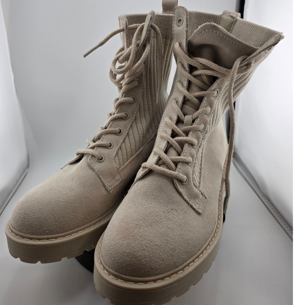 Steve Madden Veeta Sand Suede Knit Sock‎ Combat Lug Sole Boots Womens 9.5